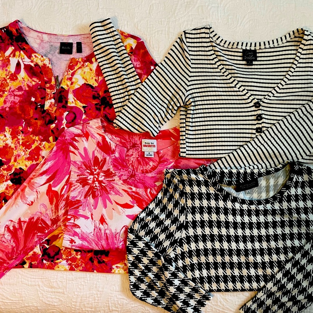 Bundle of Bold-Printed knit Transitional Tops, 3 Med + 1 LG (runs small)